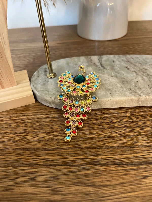 Grande Broche Paon Multicolore Travaillée | Bijou Fantaisie Exotique Chic | 10,6 cm