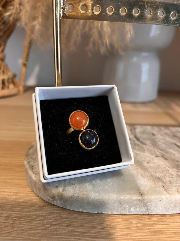 Bague double dorée inoxydable pierre naturelle Quartz orange et Sable ble
