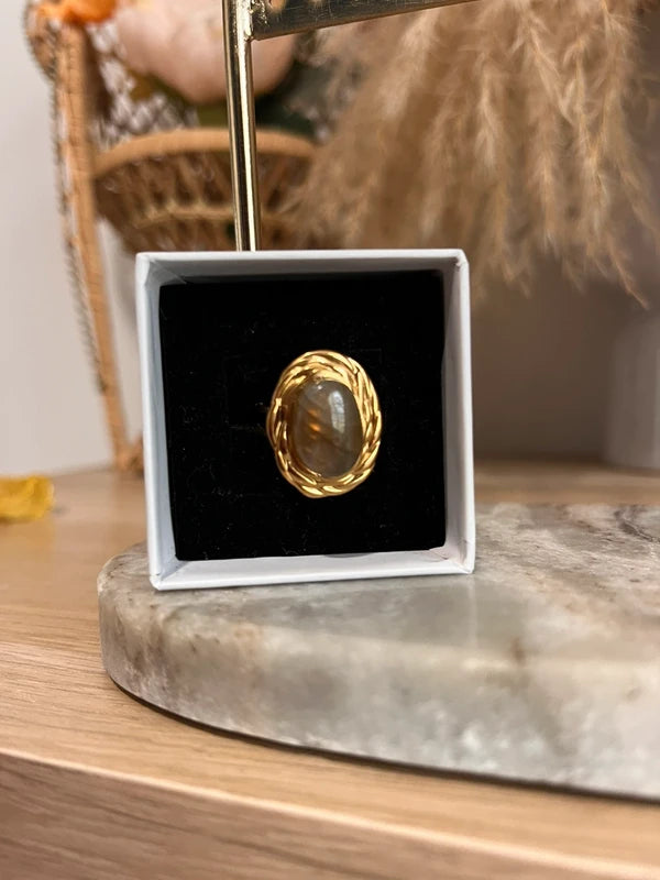 Bague Labradorite Bleue | Monture dorée vintage ajustable – Pierre protectrice AAA