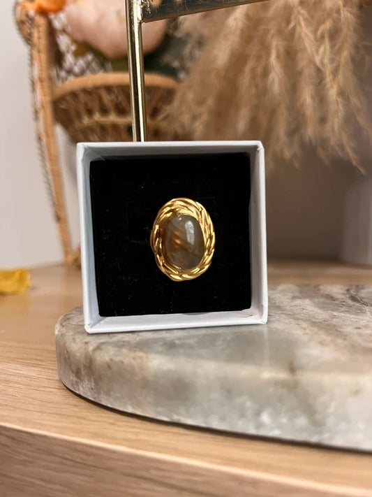 Bague Labradorite Bleue | Monture dorée vintage ajustable – Pierre protectrice AAA