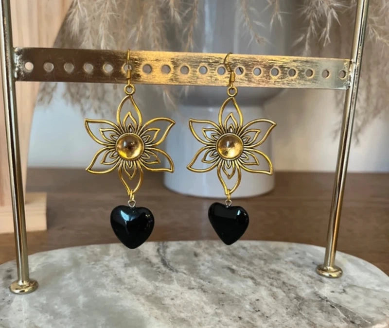 Boucles d'Oreilles Pendantes Soleil Doré & Obsidienne Noire Cœur | Pierre Naturelle Protéctrice | Acier Inoxydable