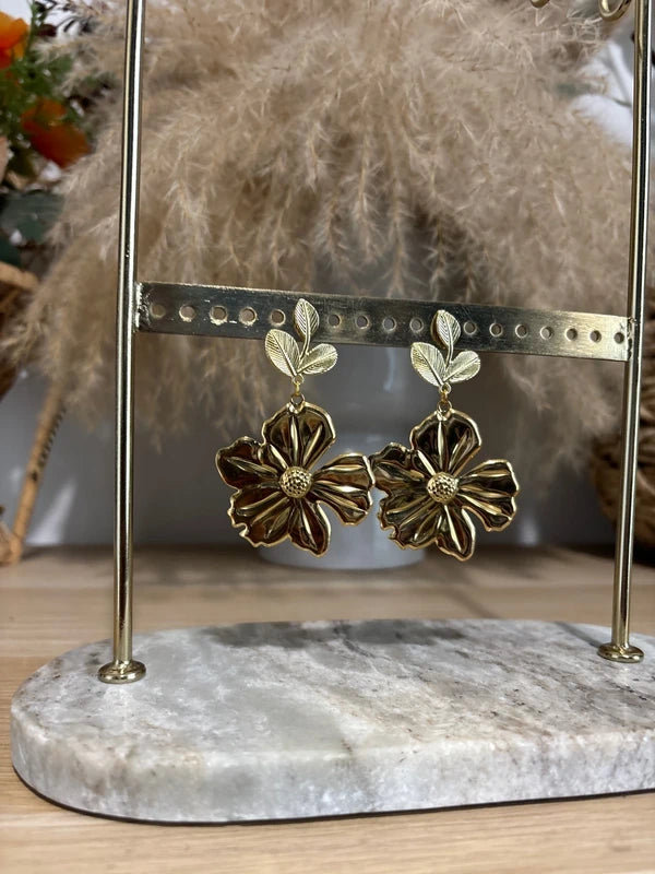 Boucles d'oreilles Feuille de Sauge & Fleur Dorée | Acier Inoxydable | Style Bohème