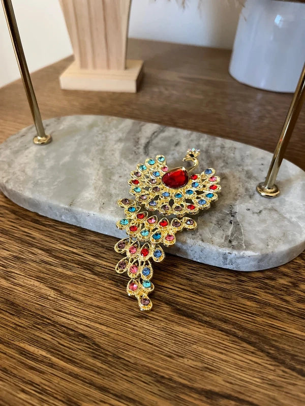 Broche Paon Doré & Multicolore Travaillée | Grande Broche Fantaisie Bohème | 10,6 cm