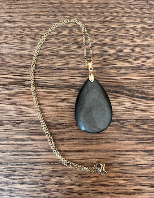 Collier chaîne dorée inoxydable pierre Obsidienne dorée - Pierres Argentées & Perles Dorées