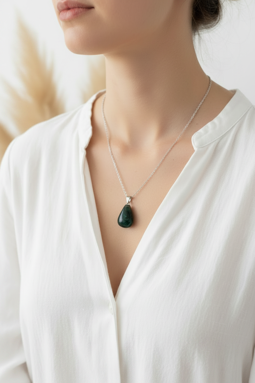 Collier porté : pendentif goutte d’agate verte sur chaîne argentée