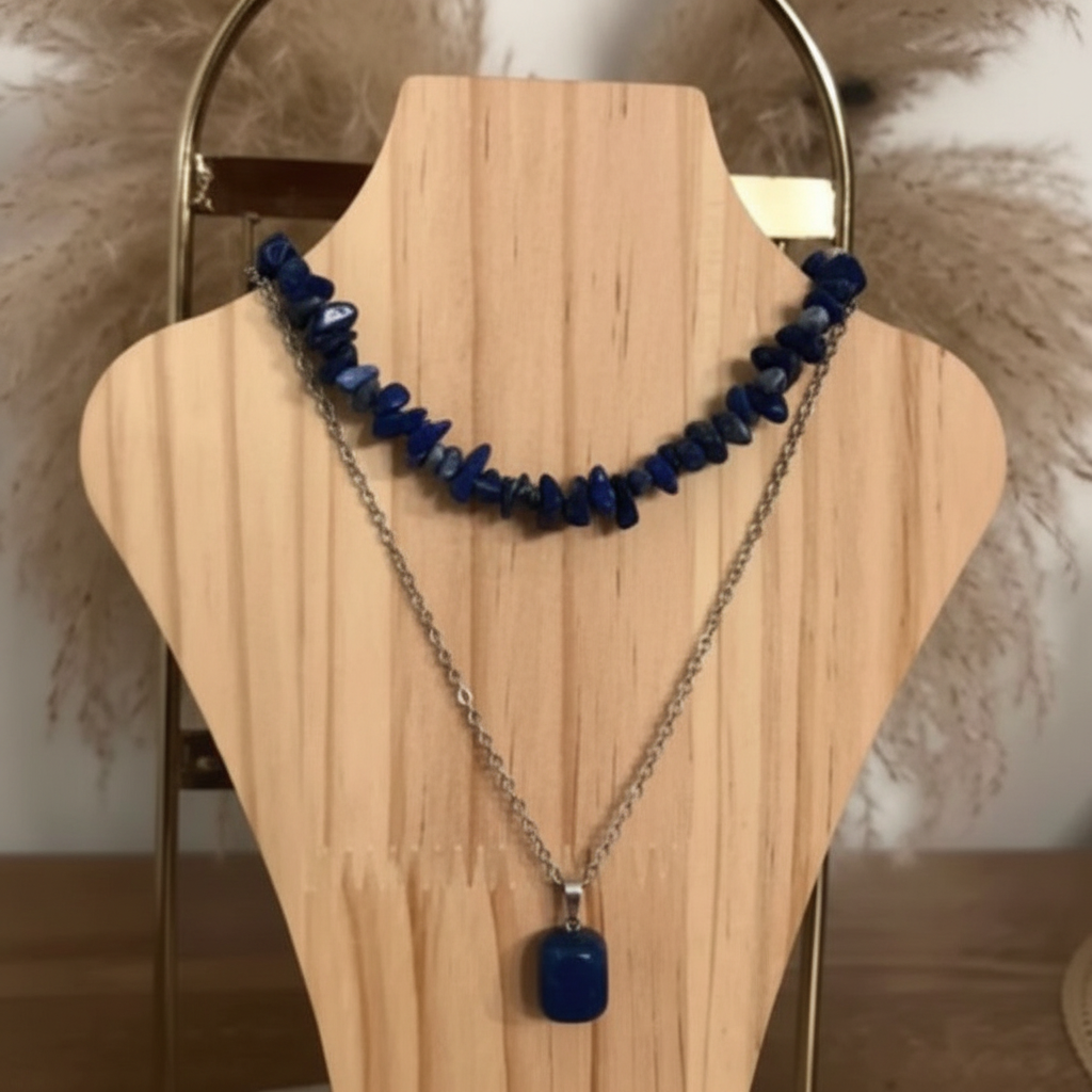Collier duo lapis lazuli : ras-de-cou perles bleues + pendentif sur chaîne argentée