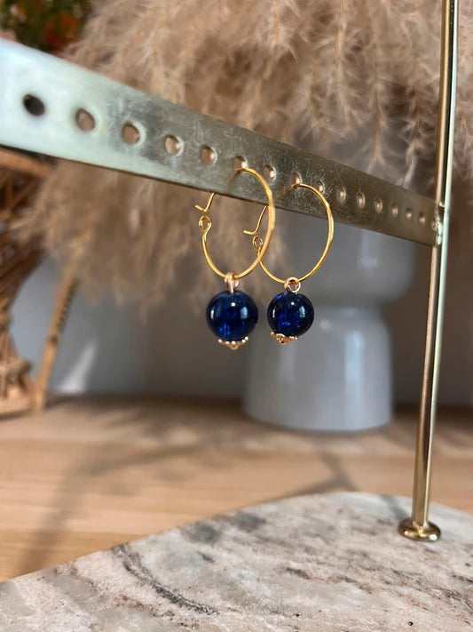 Créoles Dorées Perles Bleues | Acier inoxydable – Style Bohème Chic