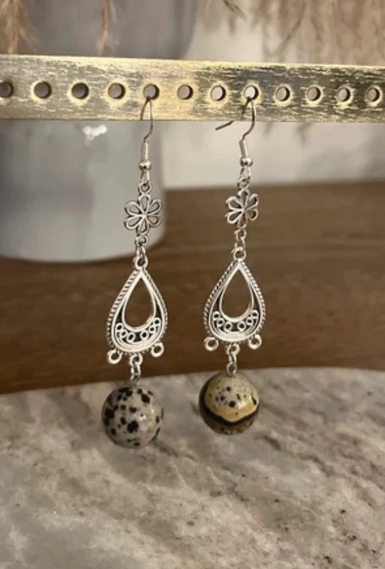 Boucles d'oreilles Jaspe Dalmatien | Pendantes argentées bohèmes – Pierre naturelle