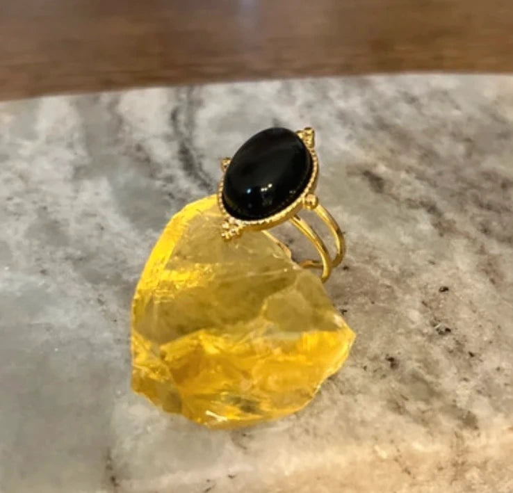 Bague Obsidienne Arc-en-Ciel | Monture dorée vintage ajustable – Pierre naturelle