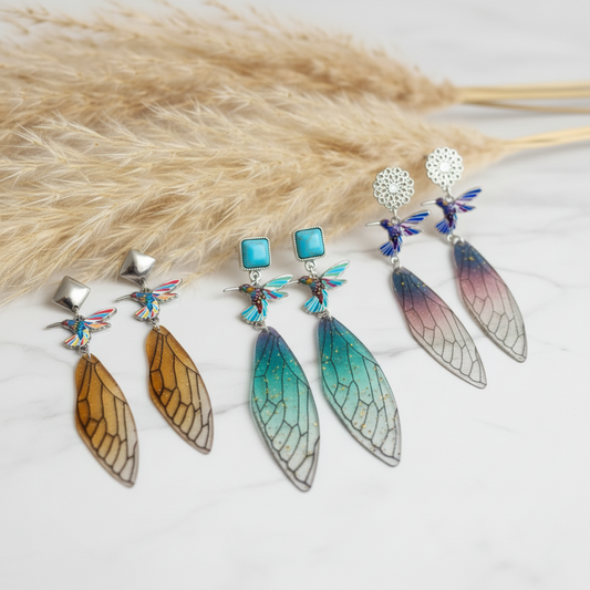 Lot de boucles d’oreilles pendantes colibri: ailes brunes et turquoise, papillons multicolores