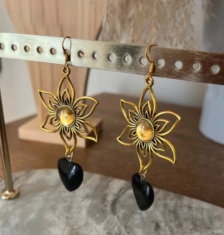 Boucles d'Oreilles Pendantes Soleil Doré & Obsidienne Noire Cœur | Pierre Naturelle Protéctrice | Acier Inoxydable