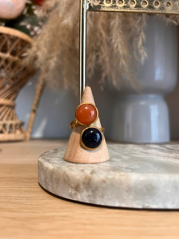 Bague double dorée inoxydable pierre naturelle Quartz orange et Sable ble