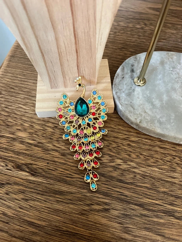 Grande Broche Paon Multicolore Travaillée | Bijou Fantaisie Exotique Chic | 10,6 cm