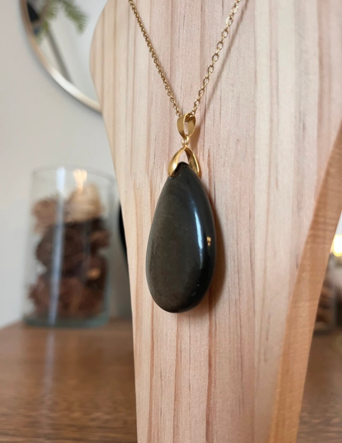 Collier chaîne dorée inoxydable pierre Obsidienne dorée - Pierres Argentées & Perles Dorées