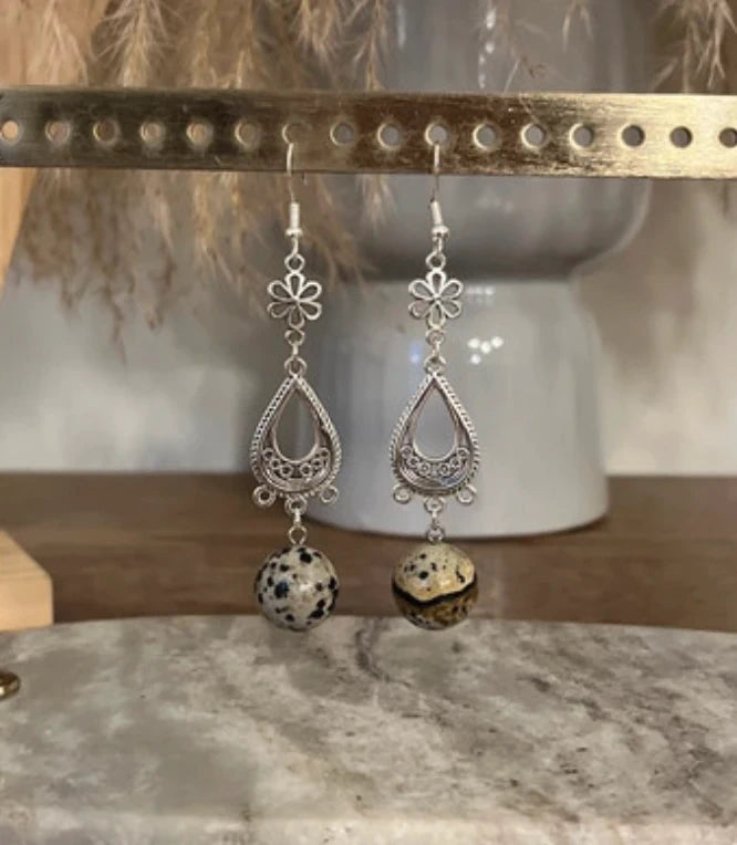 Boucles d'oreilles Jaspe Dalmatien | Pendantes argentées bohèmes – Pierre naturelle
