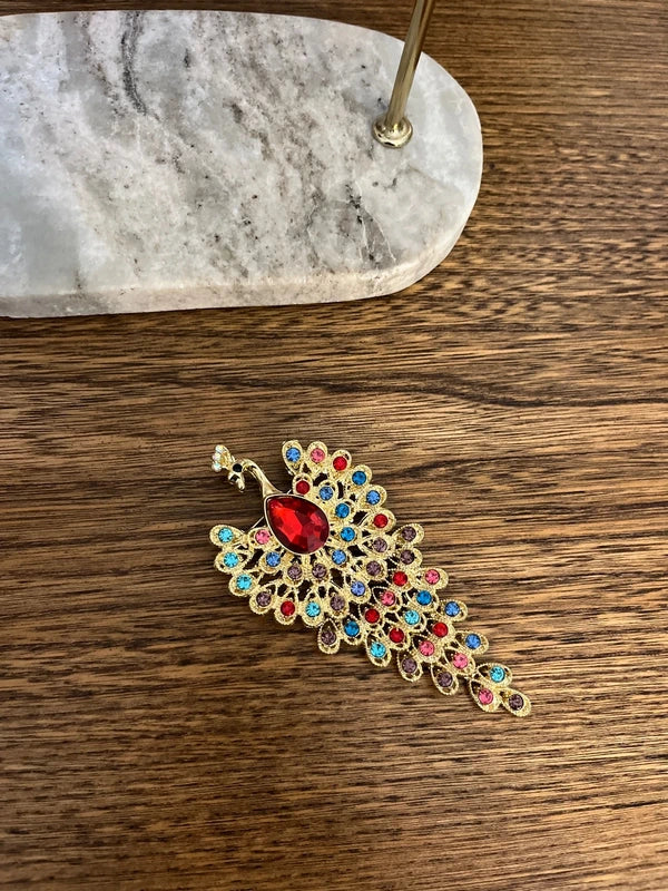 Broche Paon Doré & Multicolore Travaillée | Grande Broche Fantaisie Bohème | 10,6 cm