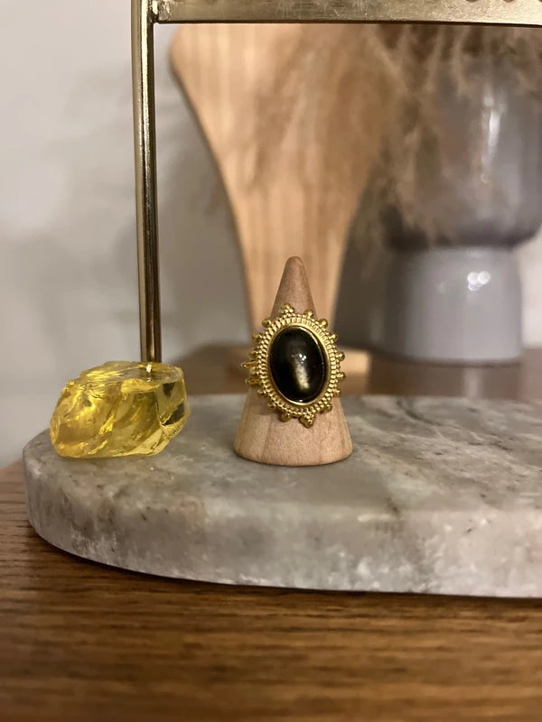 Bague Obsidienne Dorée | Grande monture dorée vintage ajustable – Pierre protectrice