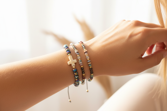 Lot 3 Bracelets Pierre Naturelle Quartz Cristal & Croix Chrétienne | Cordon Réglable + Élastique | Unisexe | Fait Main France livraison gratuite