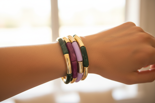 Trio Bracelets Élastiques Bohème | Perles Tubes Incurvées Lilas, Violet & Vert Doré | 17 cm | Bijou Femme Fait Main France livraison gratuite
