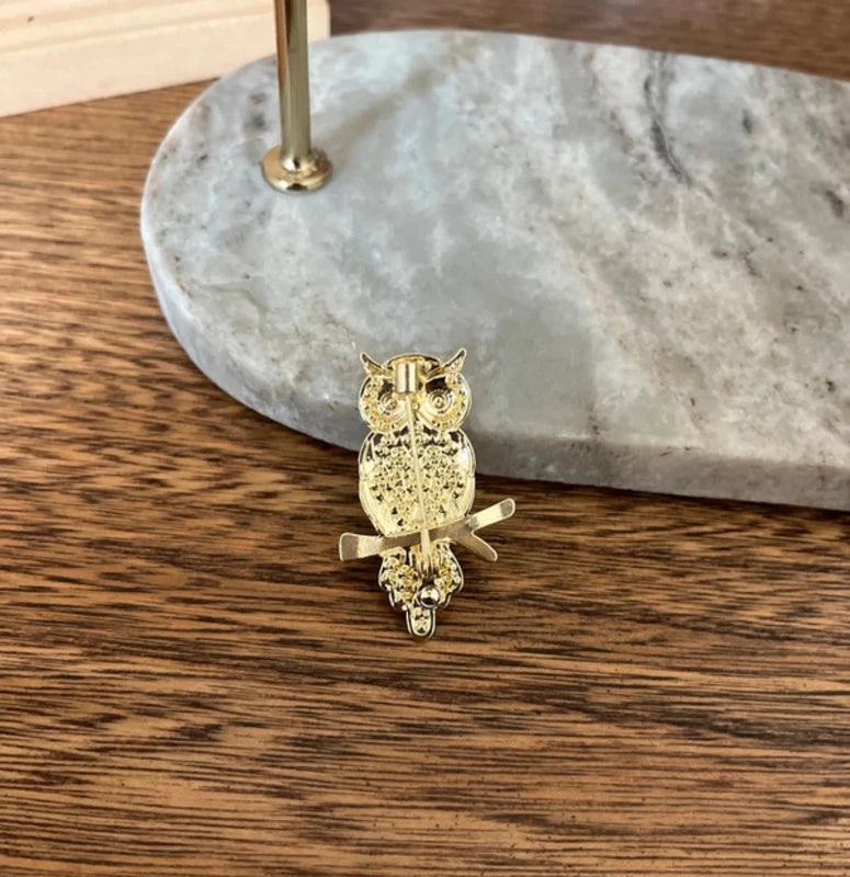 Broche Hibou Chouette Dorée & Argentée | Bijou Fantaisie Nature Vintage | 4,5 cm