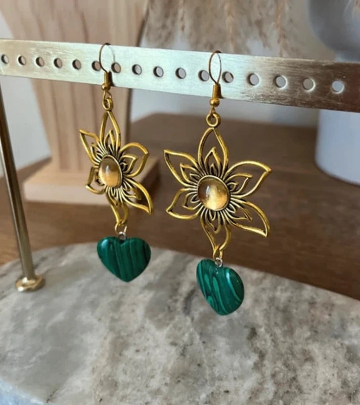 Boucles d'Oreilles Pendantes Soleil Doré & Malachite Cœur | Pierre Naturelle Lithothérapie | Acier Inoxydable