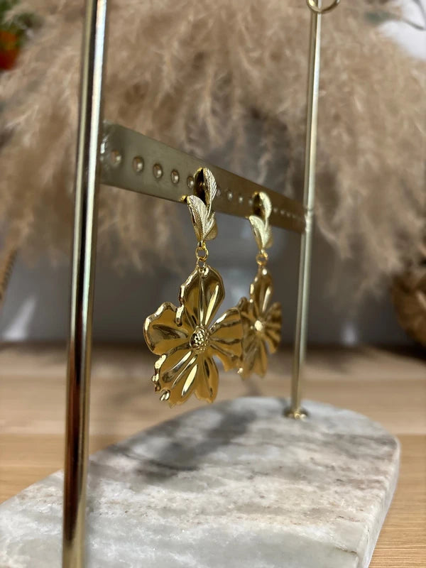 Boucles d'oreilles Feuille de Sauge & Fleur Dorée | Acier Inoxydable | Style Bohème