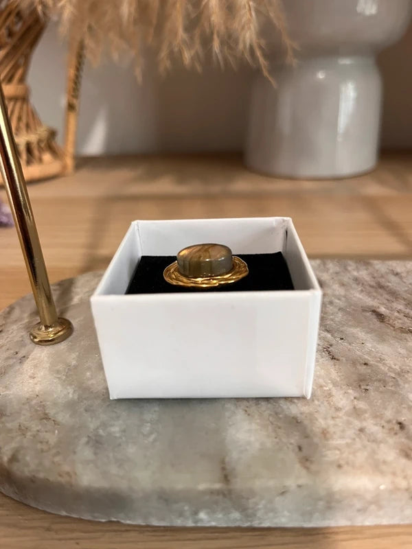 Bague Labradorite Bleue | Monture dorée vintage ajustable – Pierre protectrice AAA