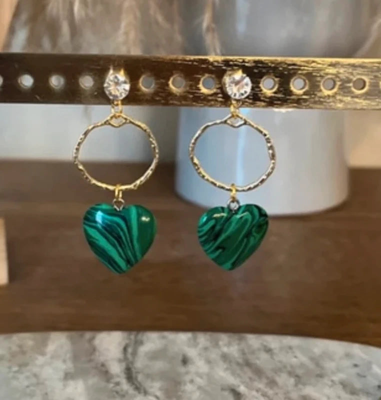 Boucles d'oreilles Malachite | Anneaux dorés bohèmes – Pierre naturelle