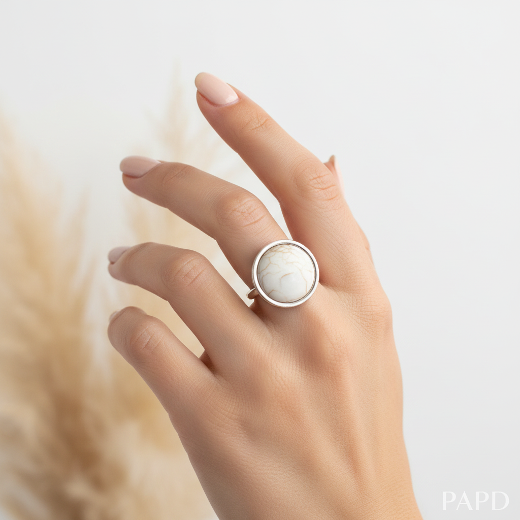 Bague réglable acier argenté et pierre blanche veinée portée