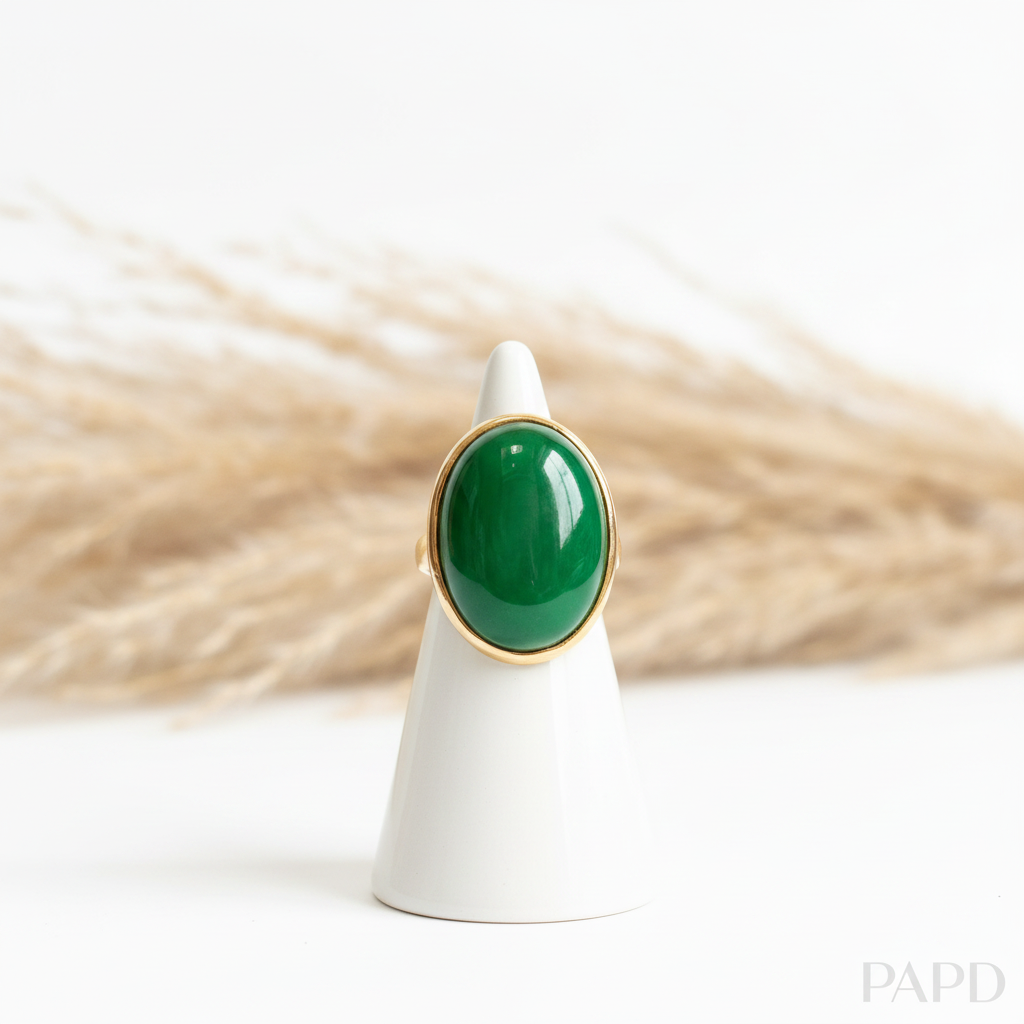 Bague ajustable à cabochon ovale de jade vert, monture acier doré.