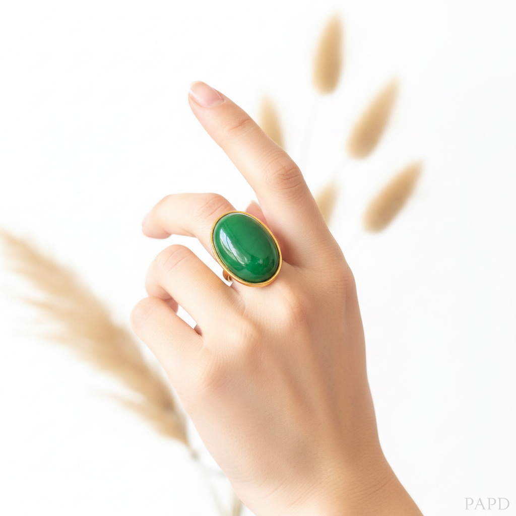 Bague ajustable au cabochon ovale vert, portée sur la main, monture acier doré.