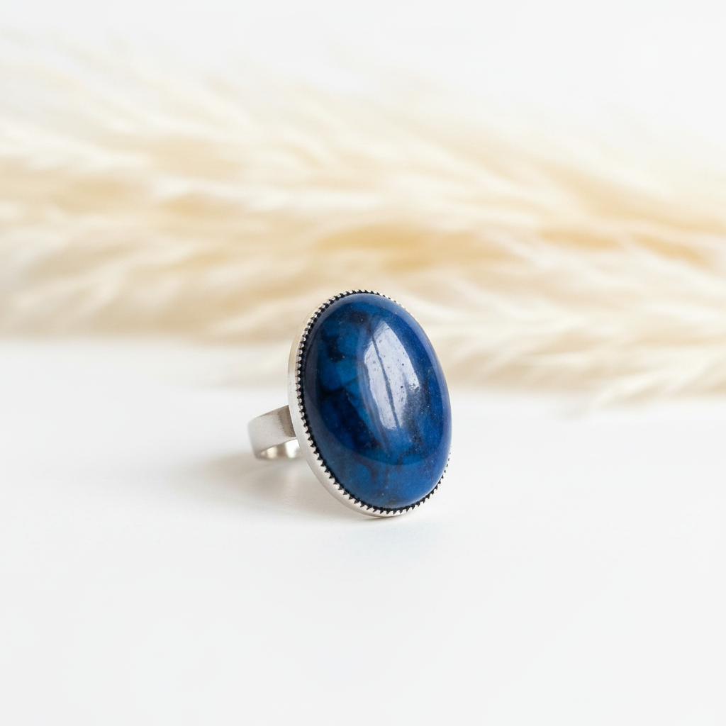 Bague ajustable argentée à pierre ovale bleue en apathite, sertissage borduré.