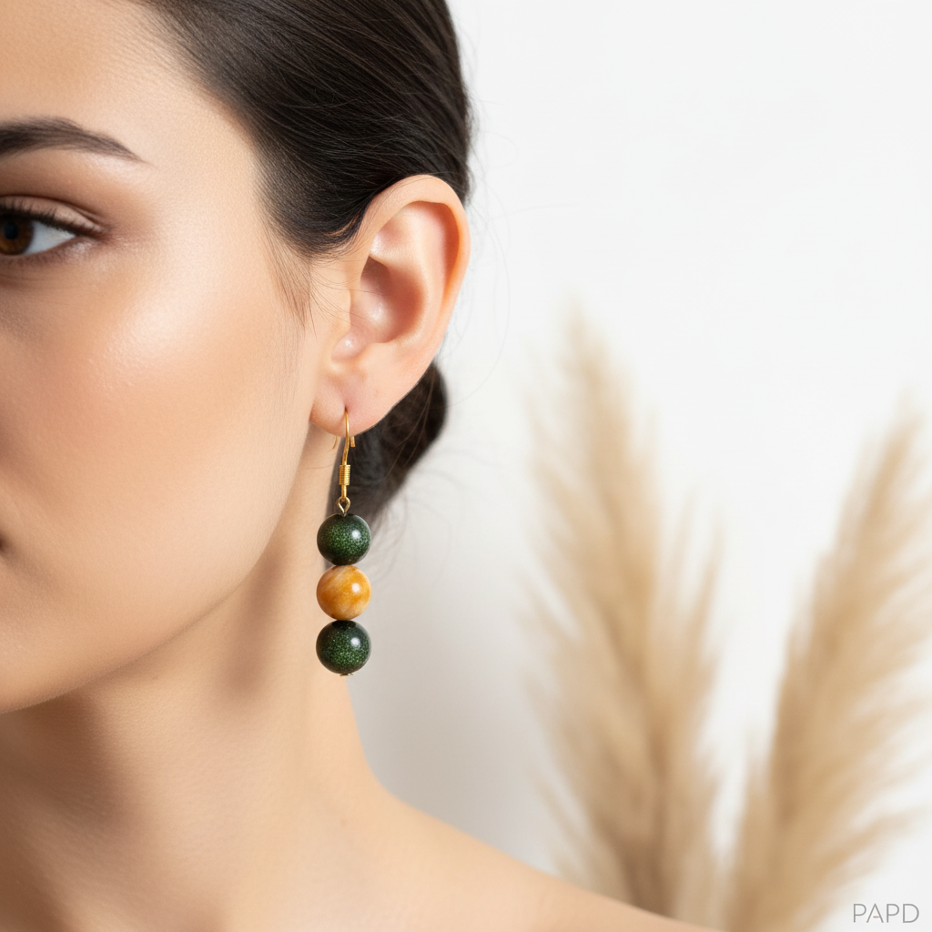 Boucles d’oreilles pendantes, trois perles vert foncé, doré et vert, crochets dorés.