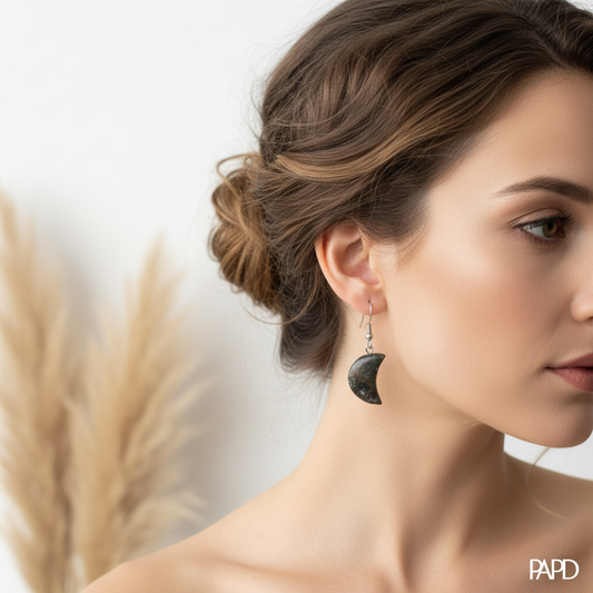 Boucles d’oreilles pendantes agate croissant sombre, portées sur l’oreille