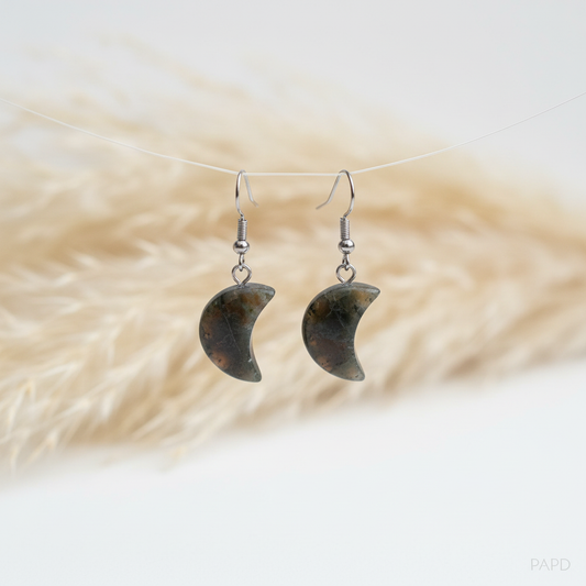 Boucles d’oreilles pendantes en acier inoxydable, agate croissant sombre