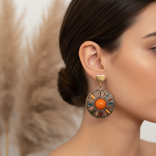 Boucles d’oreilles puces dorées, breloque ronde orange à motif bohème bleu et vert