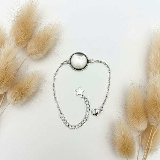 Bracelet Argenté Cabochon 14 mm & Étoile – Chaîne Étoilée Inoxydable | Vintage Bohème | Femme & Enfant | Fait Main France livraison gratuite