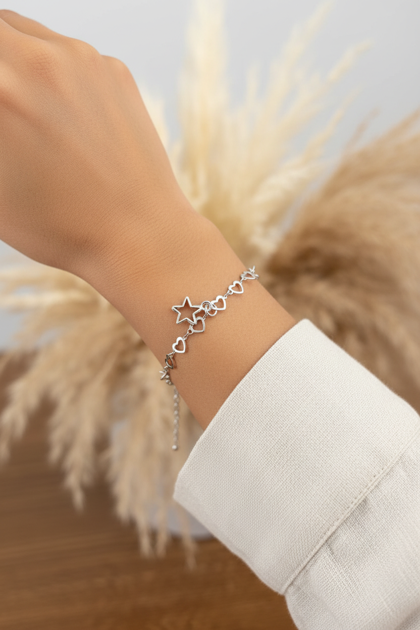 Bracelet Chaîne Cœurs Argentés & Charm Étoile – Acier Inoxydable | 17 cm | Fait Main France livraison gratuite