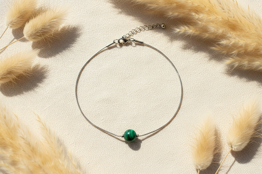 Bracelet Malachite Pierre Naturelle 8 mm | Chaîne Acier Inoxydable Argenté 18 cm | Lithothérapie | Fait Main France livraison gratuite