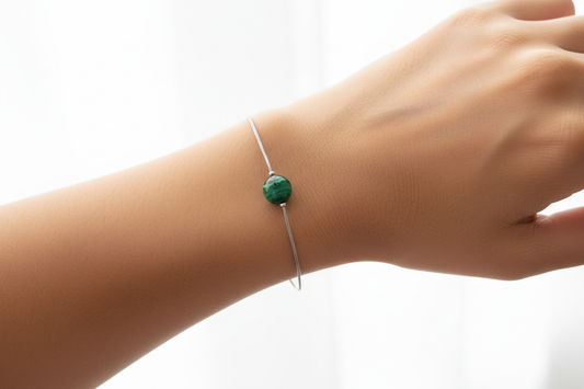 Bracelet Malachite Pierre Naturelle 8 mm | Chaîne Acier Inoxydable Argenté 18 cm | Lithothérapie | Fait Main France livraison gratuite
