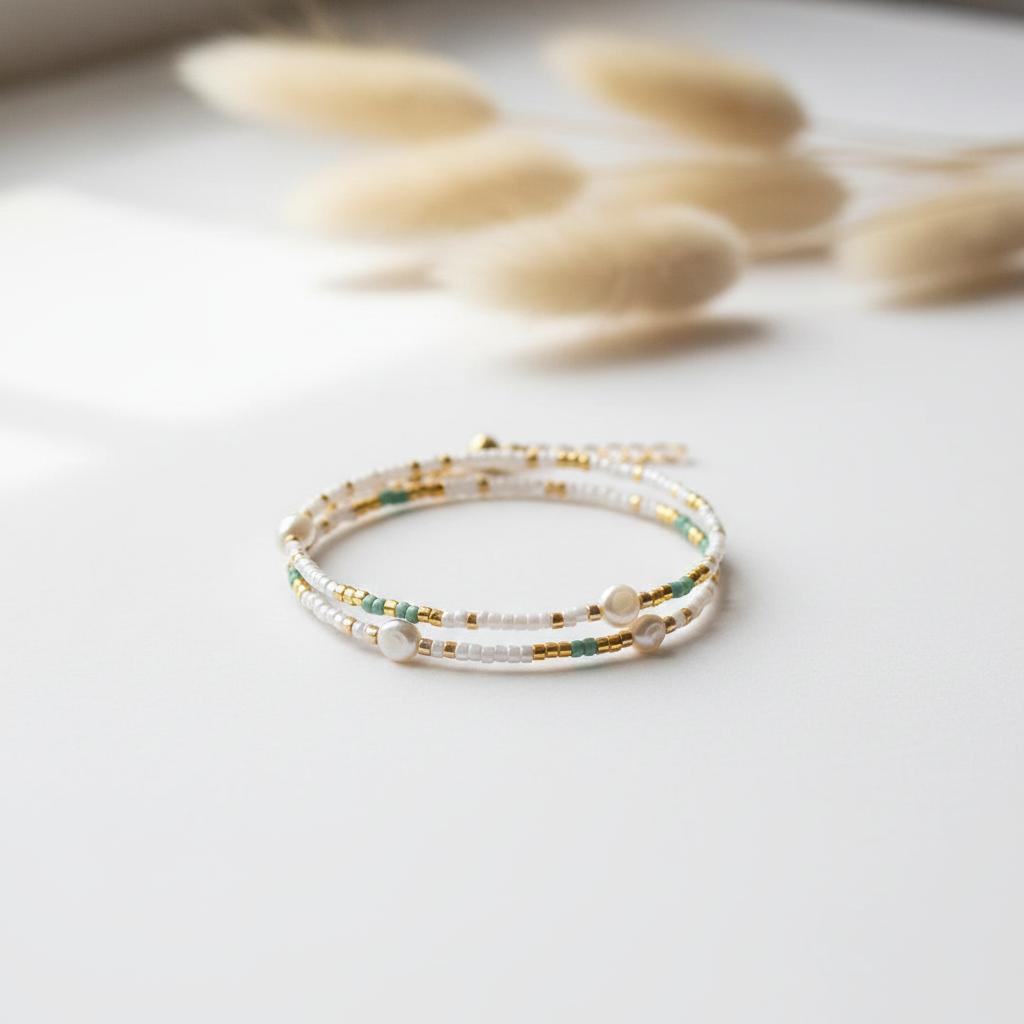 Bracelet double ou collier enfant 32cm perles Miyuki, Toho et nacre naturelle. Apprêts dorés inoxydables. Bijou artisanal fait main France. Livraison gratuite.
