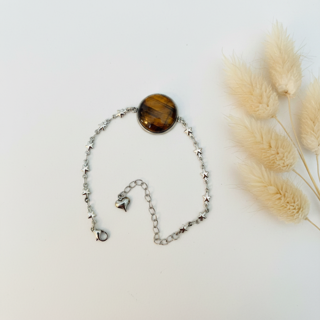 Bracelet Œil de Tigre Cabochon 20 mm – Chaîne Étoilée Argentée | Lithothérapie | Fait Main France livraison gratuite