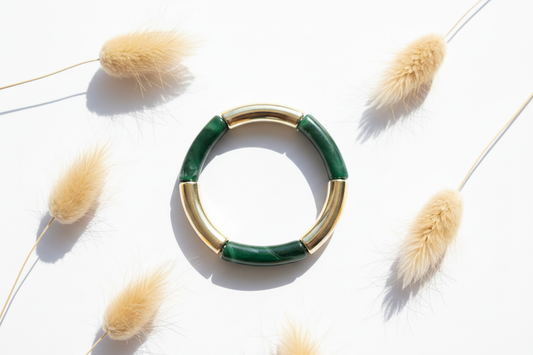 Bracelet Élastique Doré Perles Tubes Incurvées Vert & Or | 18 cm | Bijou Artisanal Femme | Fait Main France livraison gratuite
