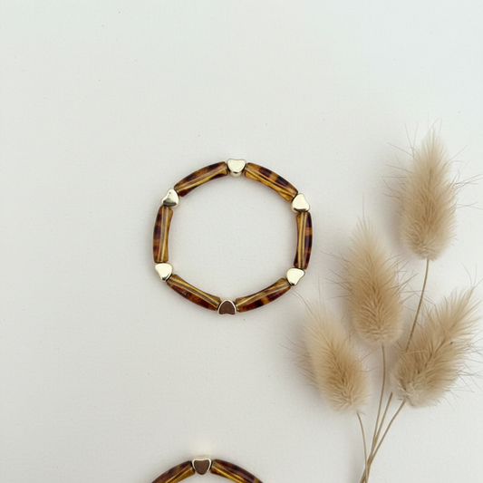 Bracelet Élastique Imprimé Léopard Cœurs Dorés | Fin & Tendance | Animal Print Chic | 14-16,5 cm | Fait Main France livraison gratuite