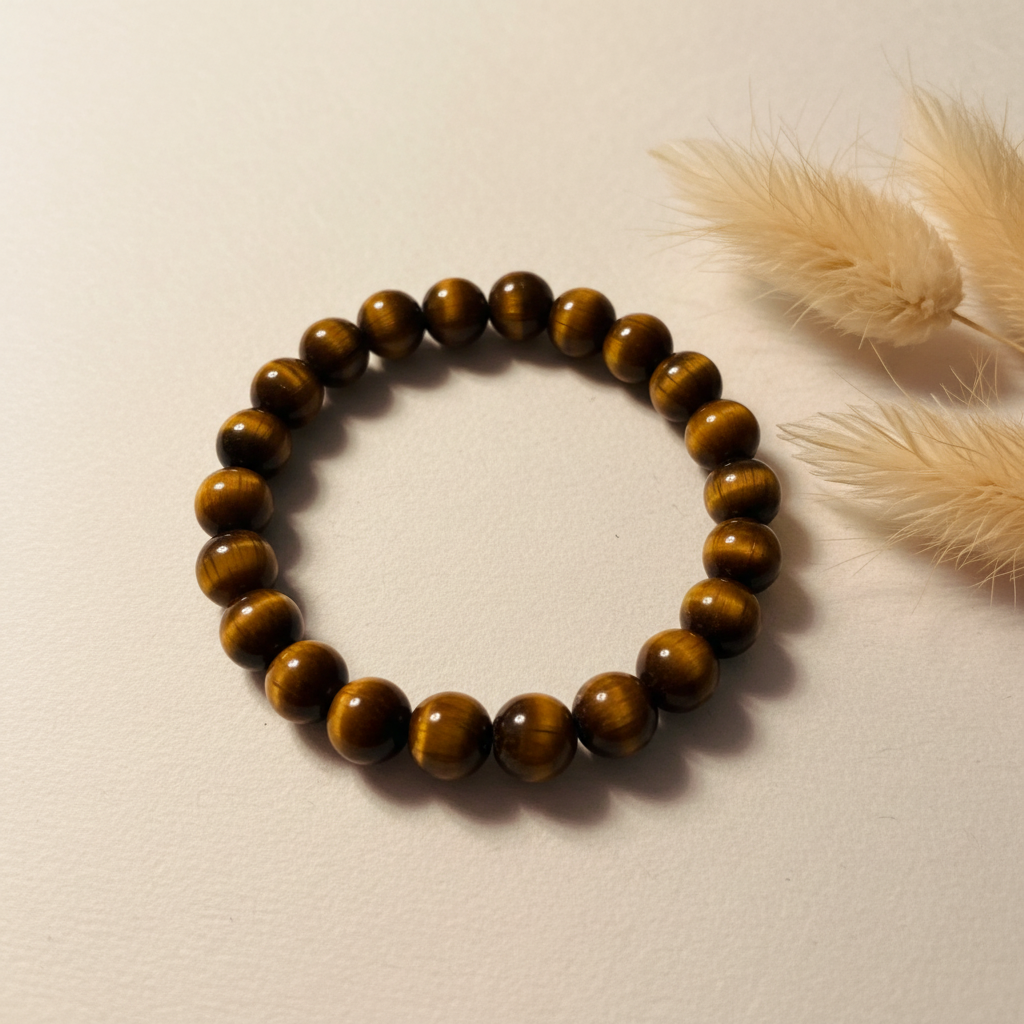 Bracelet élastique en perles d’œil de tigre brun, vue dessus