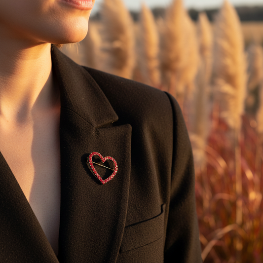 Broche cœur à strass rouges sur veste noire, épingle visible.