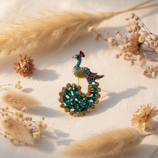 Broche paon strass vert et bleu, motifs ornés et cabochon rouge sur la tête