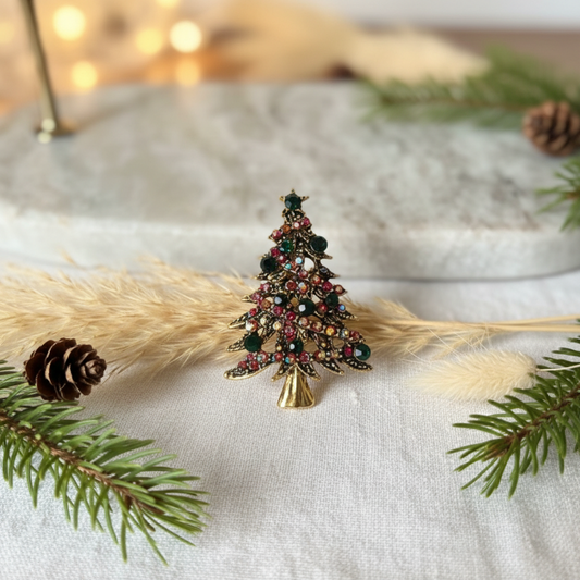 Broche sapin de Noël en strass vert et rouge, monture dorée