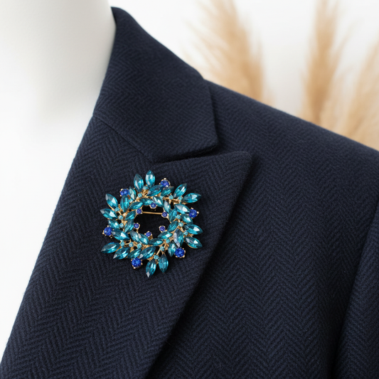Broche couronne bleu intense et doré, cercle de pierres bleu turquoise