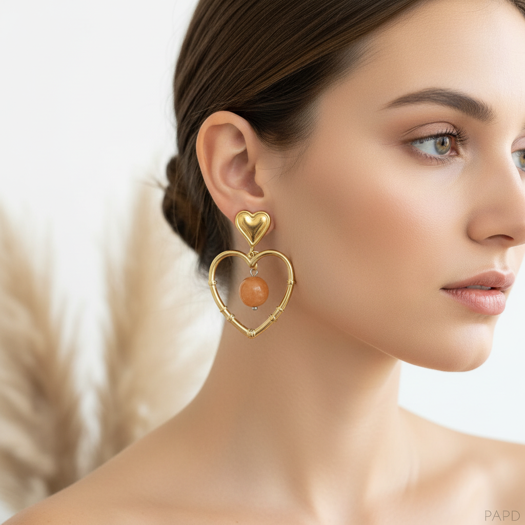 Boucles d’oreilles pendantes cœur doré et pierre quartz orange, style anneau
